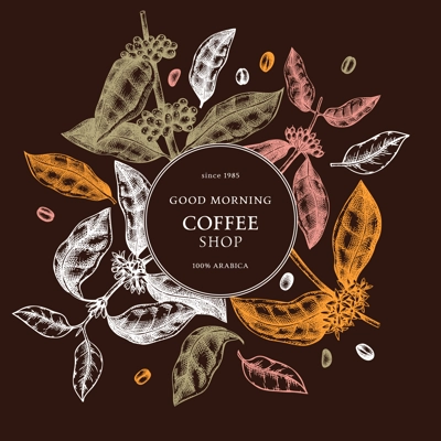 Hand sketched coffee wreath design. Perfect for recipe, menu, label, icon, packaging. Vintage coffee plant template with leaves, beans and flowers. Bar menu elements. Botanical illustration
